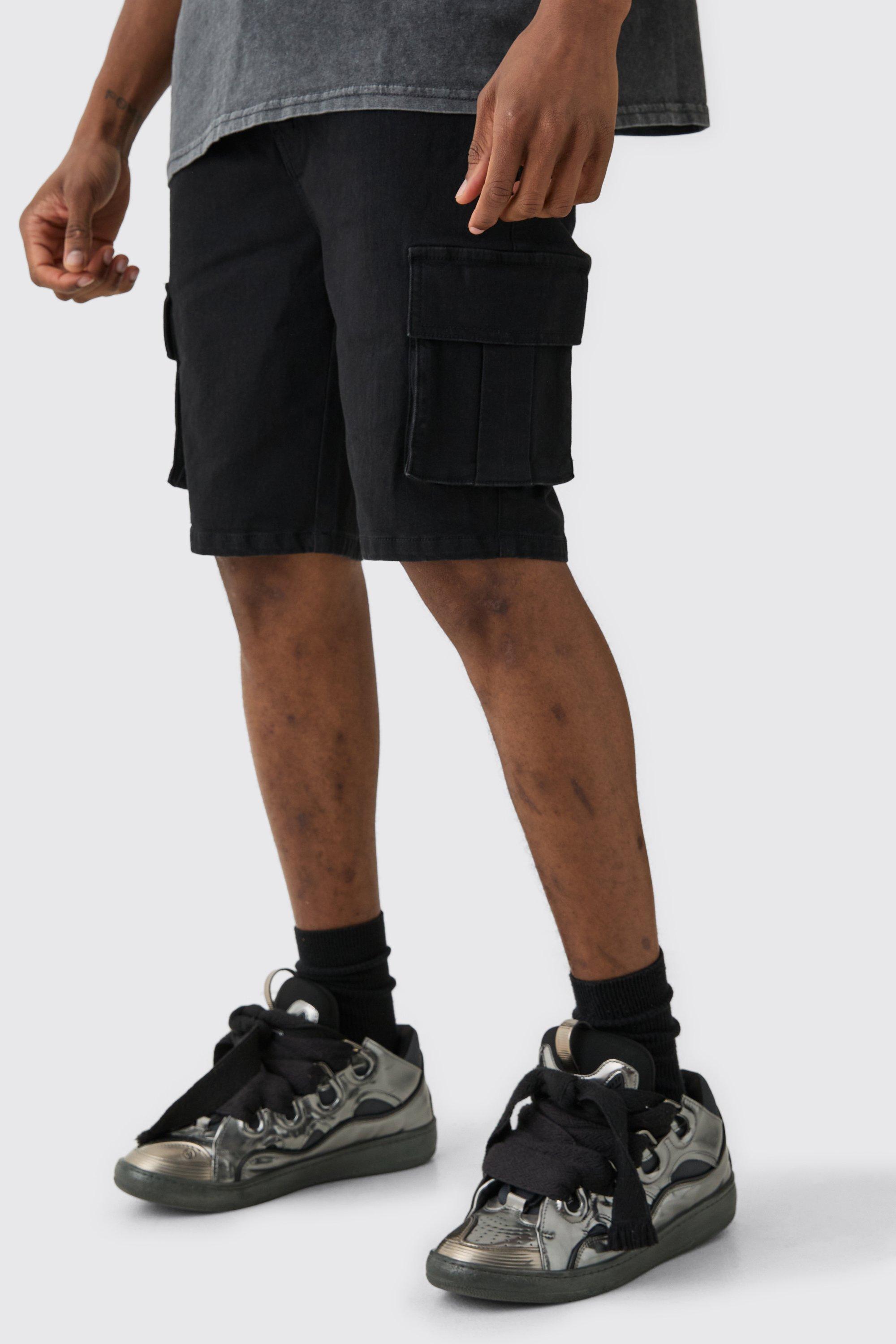 Mens Tall Skinny Stretch Cargo Denim Shorts In Black, Black